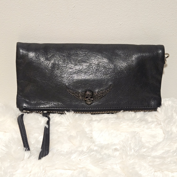 Zadig & Voltaire Rock Leather Black Clutch with Winged Skull Detail - Picture 1 of 16